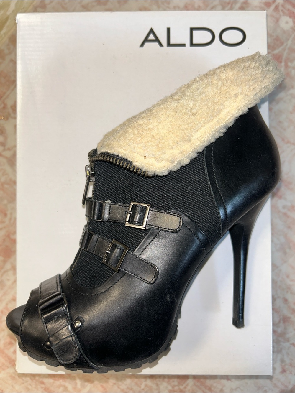ALDO Black Leather & Cream Shearling Peep-Toe Stiletto Bootie